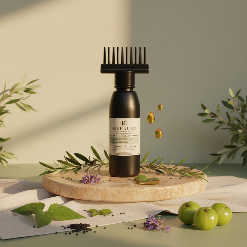 Keshaura Anti Hairfall Hair Oil 100ml — herbal hair oil Pakistan with comb applicator cap, pure olive oil and banafsha, black matte bottle