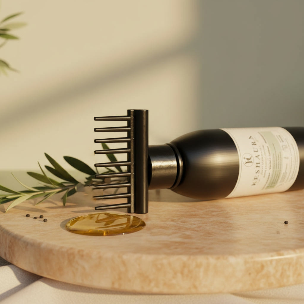 A black metal hair detangling comb with a wide, flexible bristle head, shown resting on a dark bottle of olive oil on a round marble board with a gold pool of oil and olive branches. Keshaura Anti Hairfall Hair Oil.
