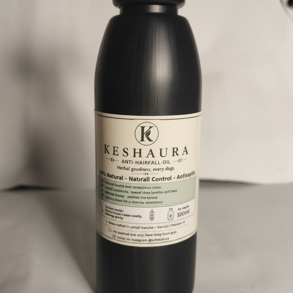 A dark bottle of Keshaura Herbal Hair Fall Oil with a cream colored label, photographed against a neutral gray background. Keshaura Anti Hairfall Hair Oil.