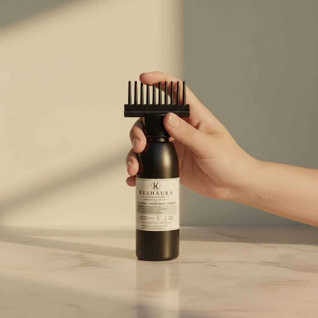 A hand holds a dark brown bottle with a black comb attachment against a warm beige background with soft shadows. Keshaura Anti Hairfall Hair Oil.