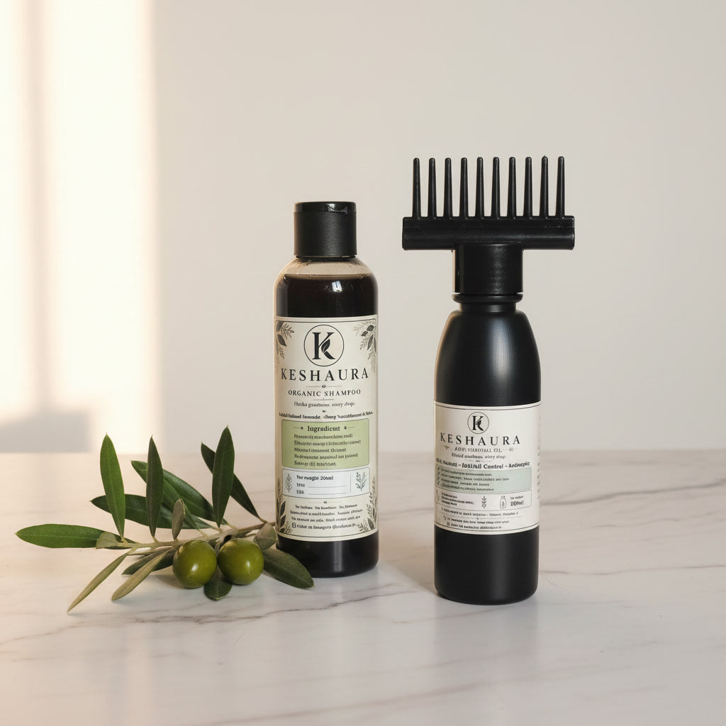 Keshaura Complete Herbal Hair Care Bundle — anti hairfall oil and herbal shampoo handcrafted in Karachi, black bottles on marble surface