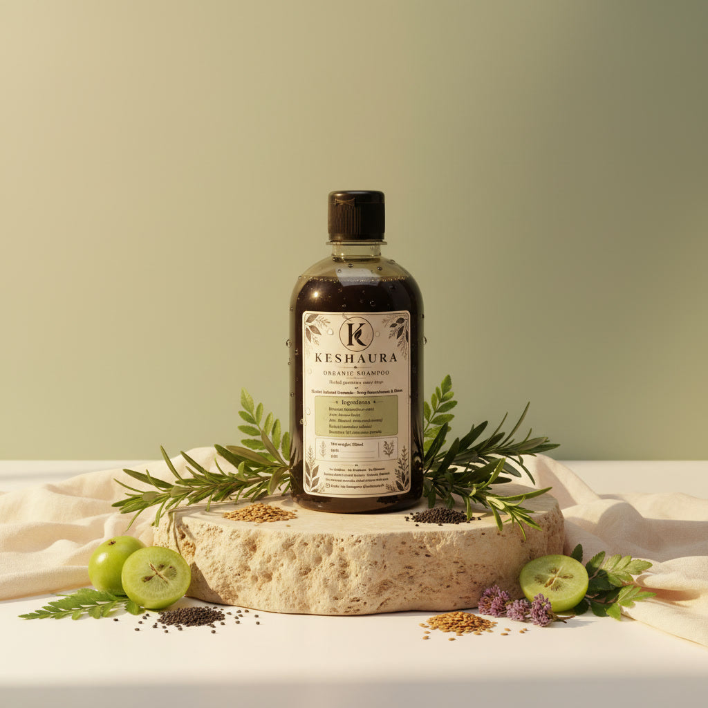 Keshaura Herbal Shampoo 500ml — best herbal shampoo in Pakistan, black bottle with cream botanical label, amla infused formula