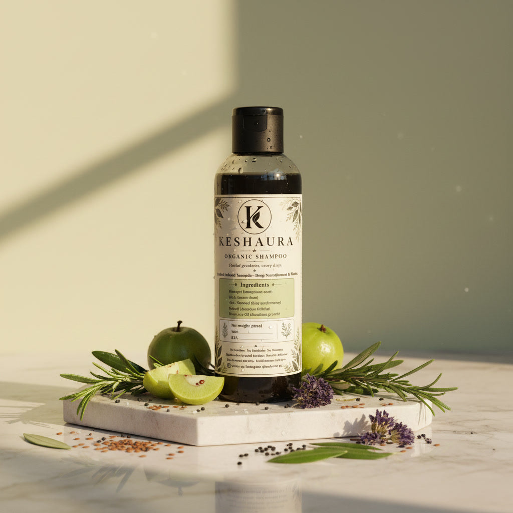 Keshaura Herbal Shampoo 200ml — amla infused sulfate free herbal shampoo Pakistan, black cylindrical bottle with flip cap and cream botanical label