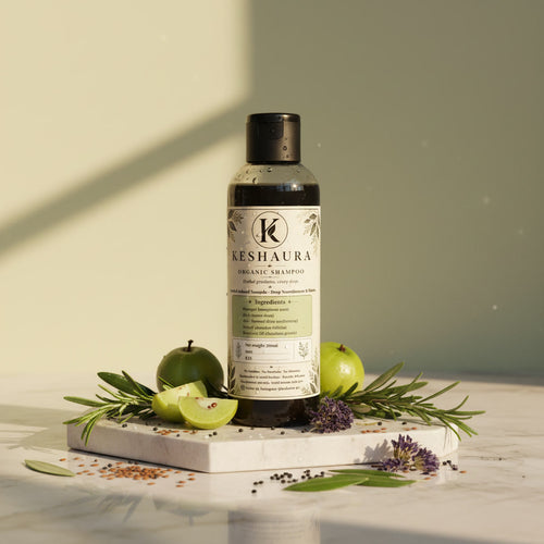 Keshaura Herbal Shampoo 200ml — amla infused sulfate free herbal shampoo Pakistan, black cylindrical bottle with flip cap and cream botanical label